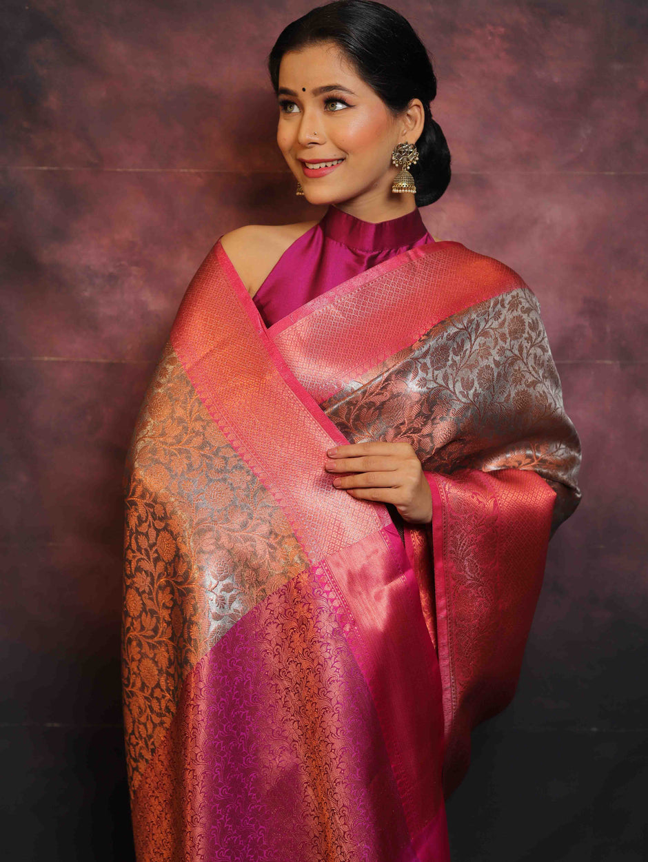 Pink - Handwoven Zari Jaal Work Mulberry x Muga Silk Heavy Banarasi Saree 02