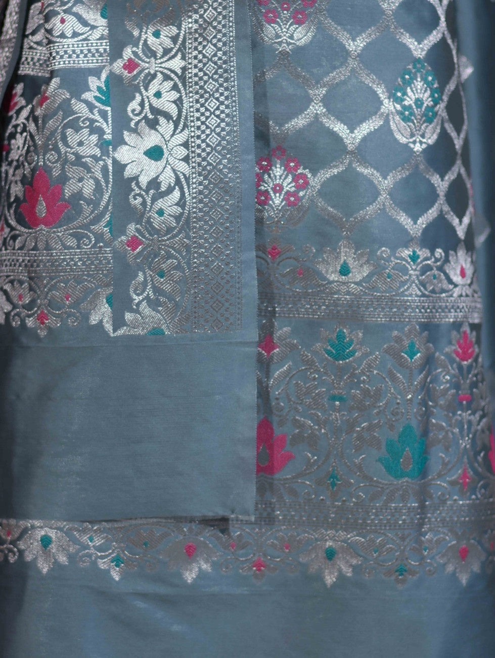 Banarasee Semi-Silk Silver Zari Work Salwar Kameez Fabric With Dupatta Set-Slate Blue