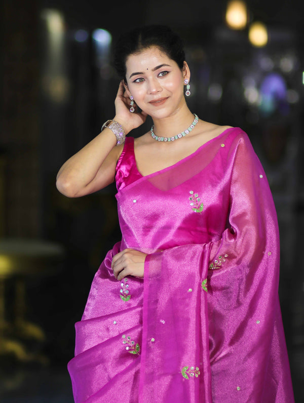 Banarasee Handwoven Tissue Saree With Floral Motifs & Mirror Work-Pink