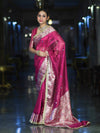 Banarasee Handloom Tissue Saree With Hand Embroidered Mirror Work & Zari Woven Pallu-Magenta
