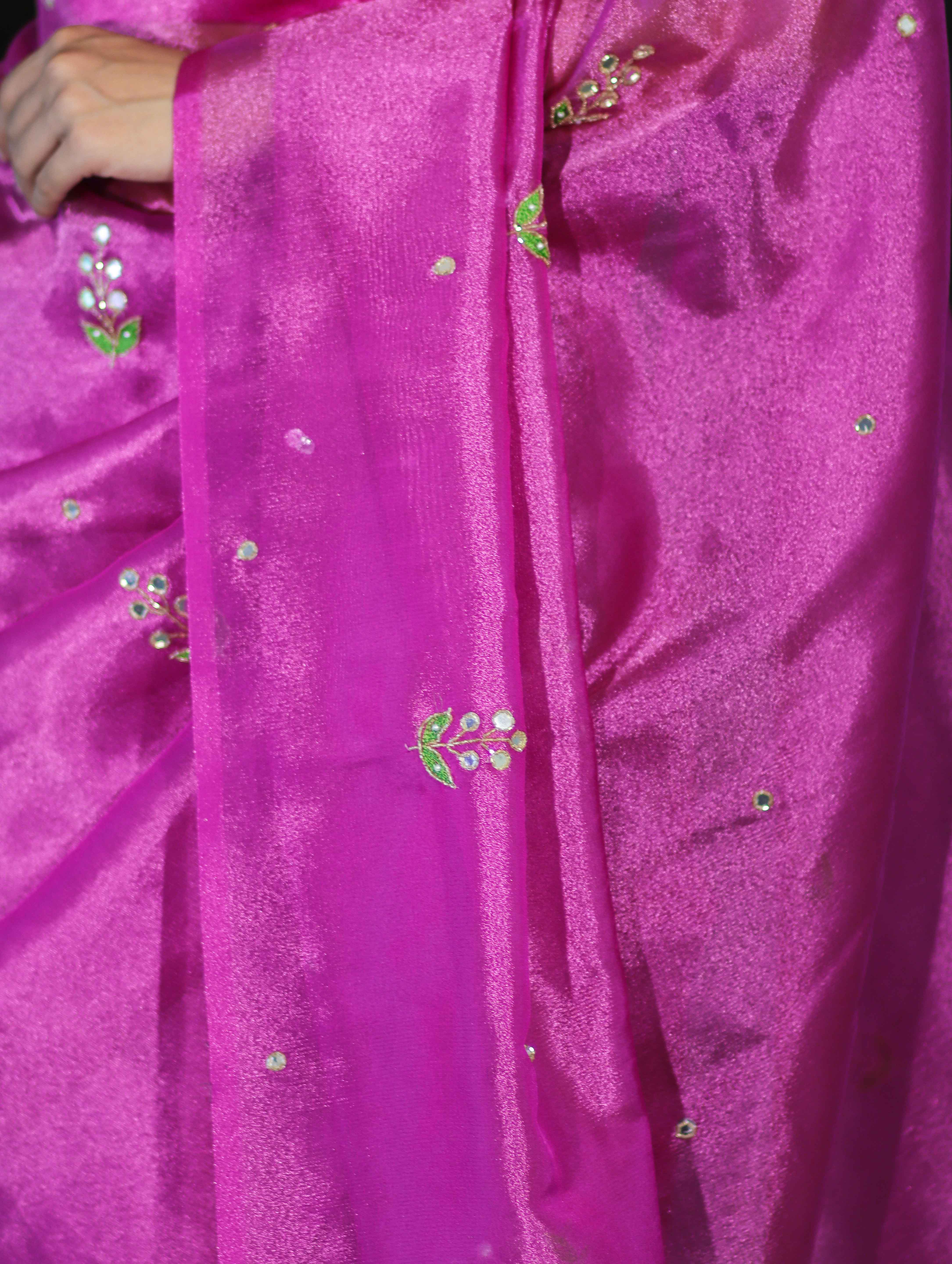 Banarasee Handwoven Tissue Saree With Floral Motifs & Mirror Work-Pink