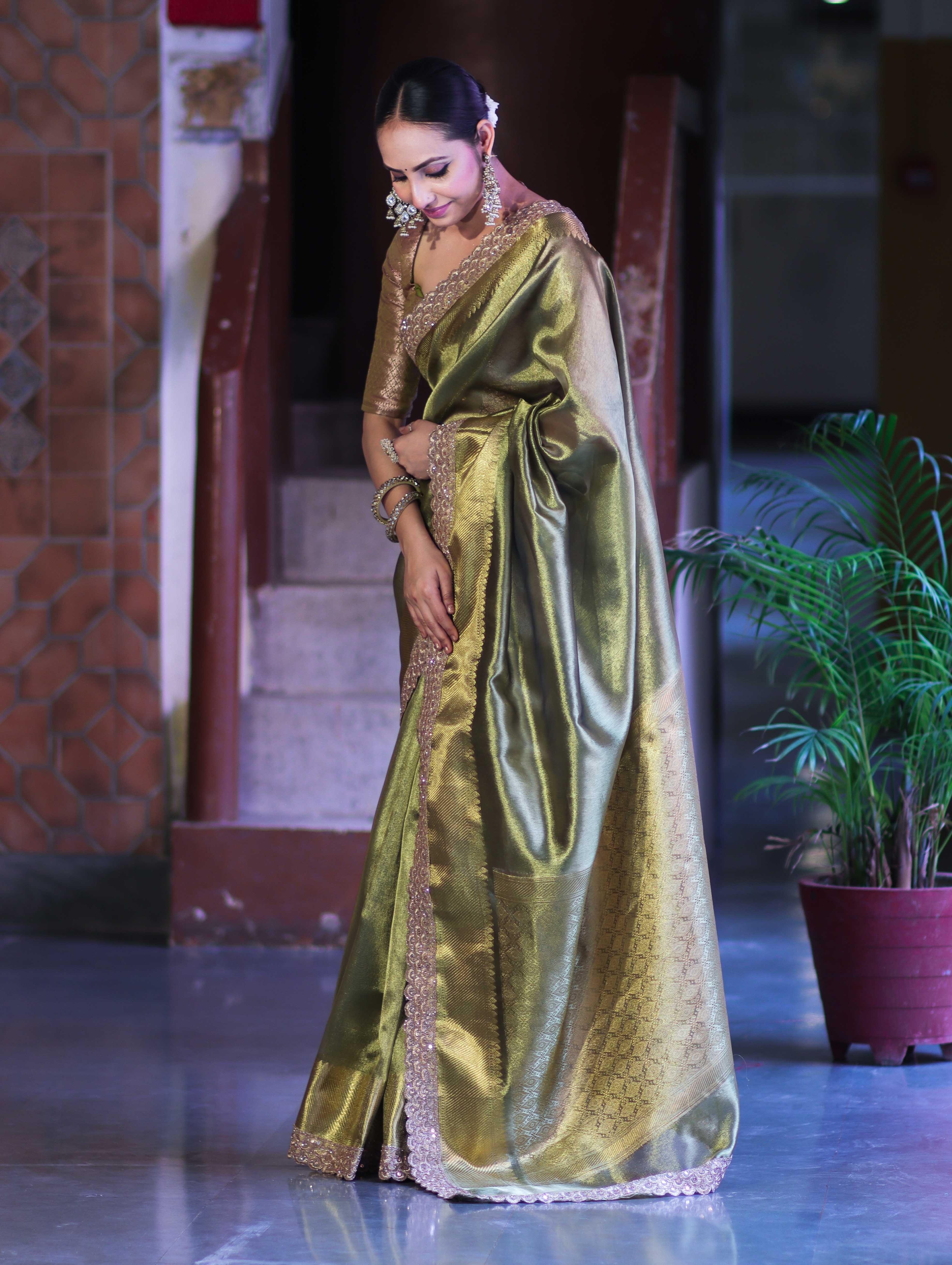 Banarasee Handloom Plain Tissue Saree With Zari Border & Lace-Olive Green