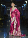 Banarasee Handloom Tissue Saree With Hand Embroidered Mirror Work & Zari Woven Pallu-Magenta