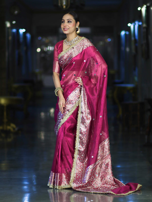 Banarasee Handloom Tissue Saree With Hand Embroidered Mirror Work & Zari Woven Pallu-Magenta