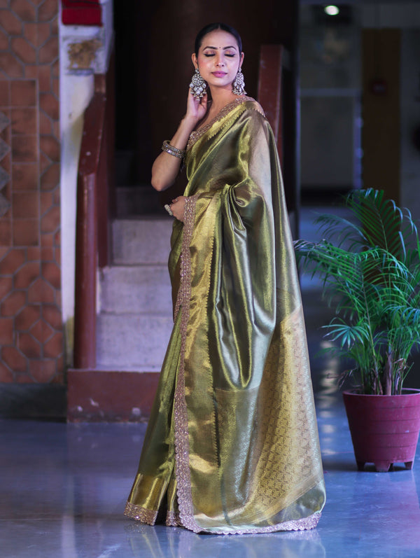 Banarasee Handloom Plain Tissue Saree With Zari Border & Lace-Olive Green
