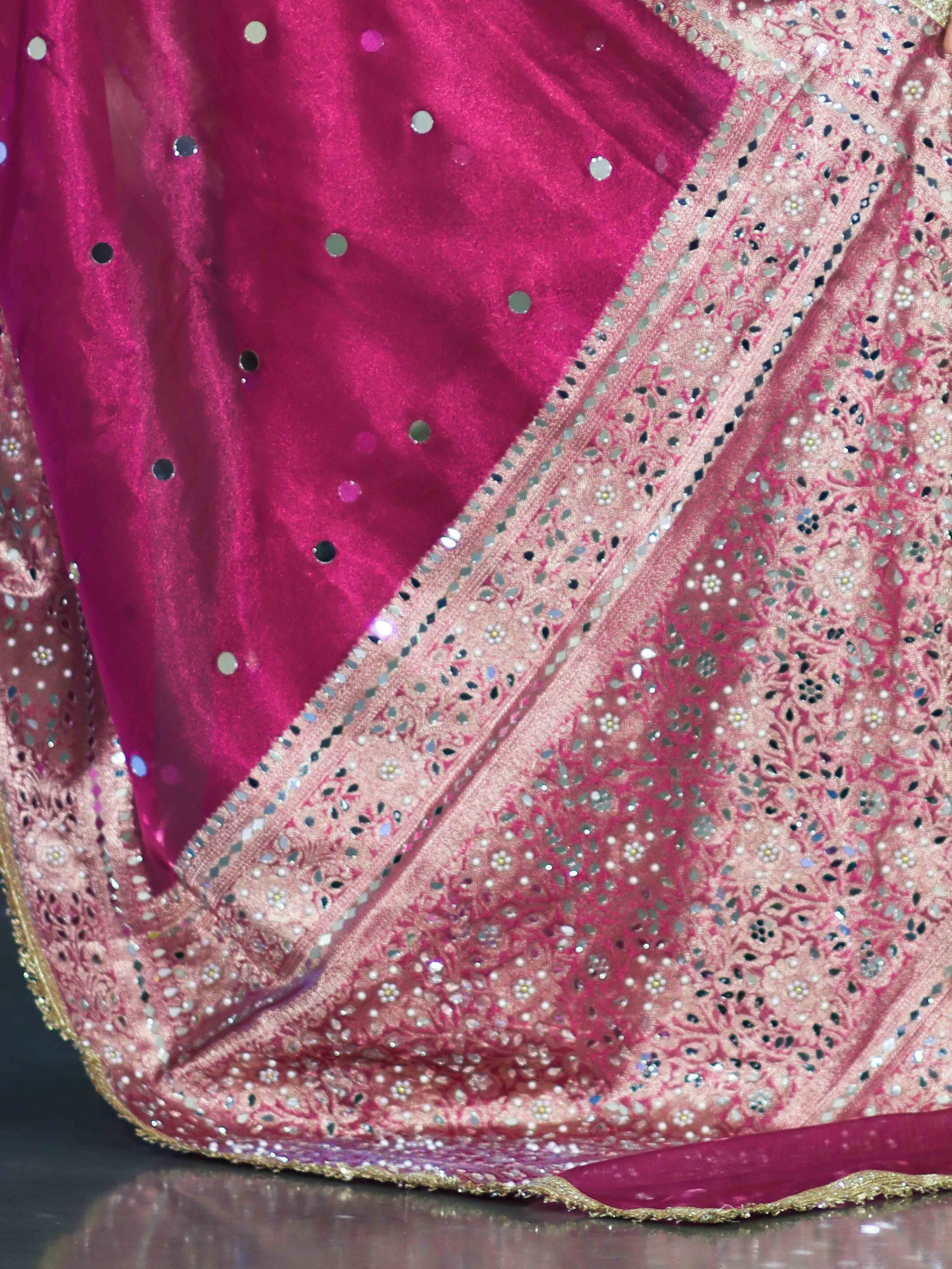 Banarasee Handloom Tissue Saree With Hand Embroidered Mirror Work & Zari Woven Pallu-Magenta