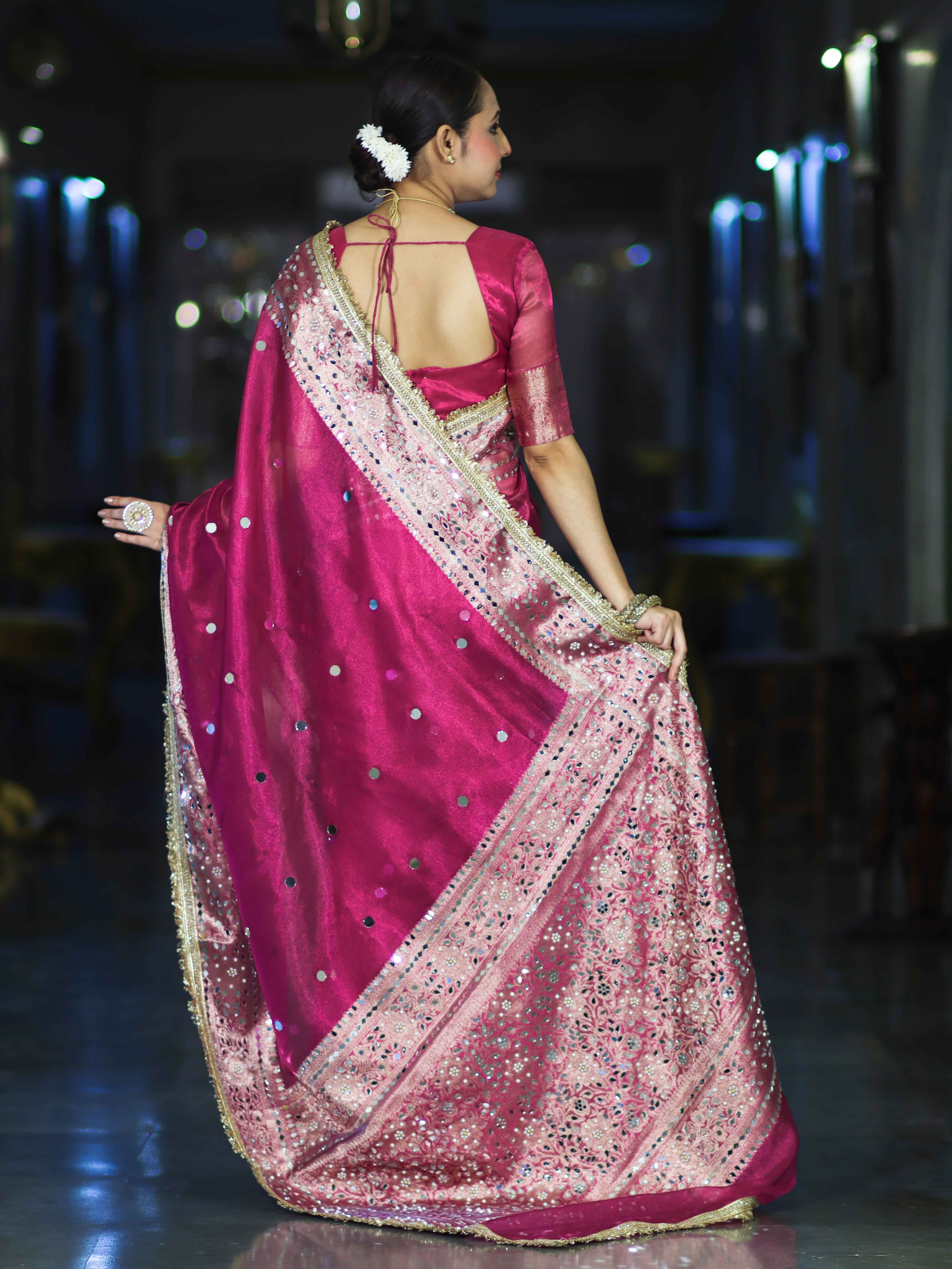 Banarasee Handloom Tissue Saree With Hand Embroidered Mirror Work & Zari Woven Pallu-Magenta