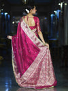 Banarasee Handloom Tissue Saree With Hand Embroidered Mirror Work & Zari Woven Pallu-Magenta