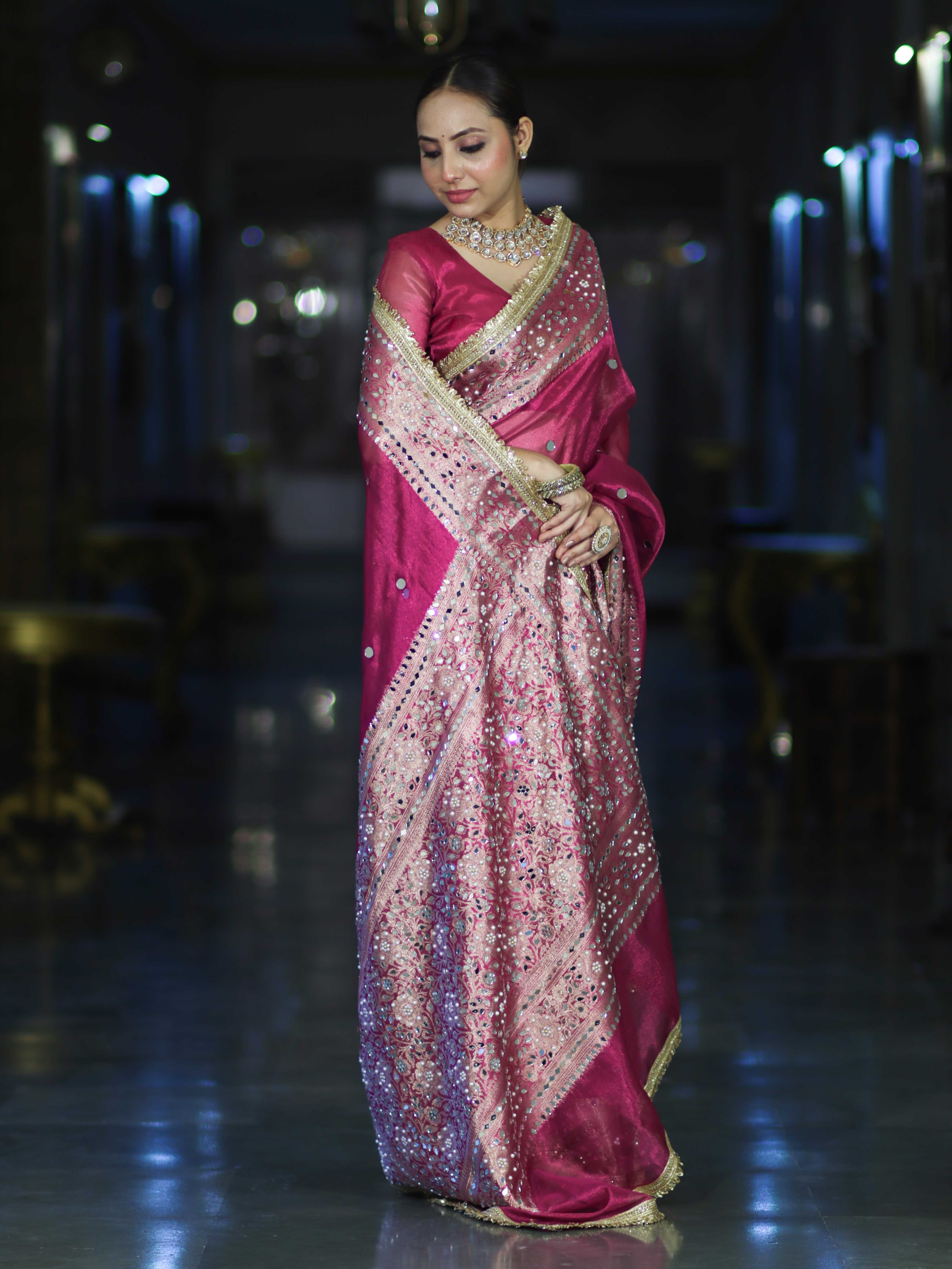 Banarasee Handloom Tissue Saree With Hand Embroidered Mirror Work & Zari Woven Pallu-Magenta
