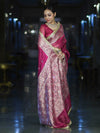 Banarasee Handloom Tissue Saree With Hand Embroidered Mirror Work & Zari Woven Pallu-Magenta