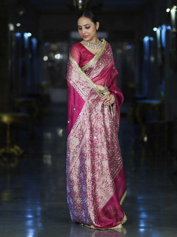 Banarasee Handloom Tissue Saree With Hand Embroidered Mirror Work & Zari Woven Pallu-Magenta