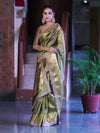 Banarasee Handloom Plain Tissue Saree With Zari Border & Lace-Olive Green