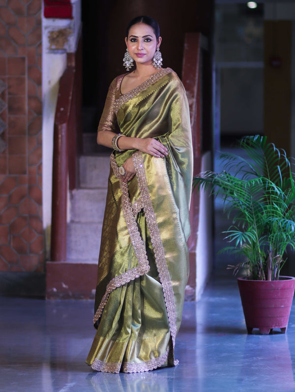 Banarasee Handloom Plain Tissue Saree With Zari Border & Lace-Olive Green