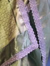 Banarasee Handloom Plain Tissue Saree With Zari Border & Lace-Olive Green
