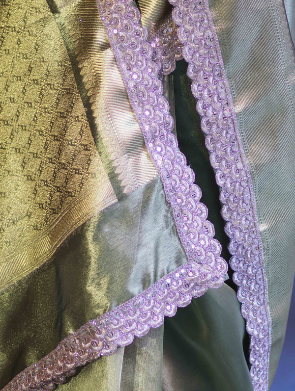 Banarasee Handloom Plain Tissue Saree With Zari Border & Lace-Olive Green
