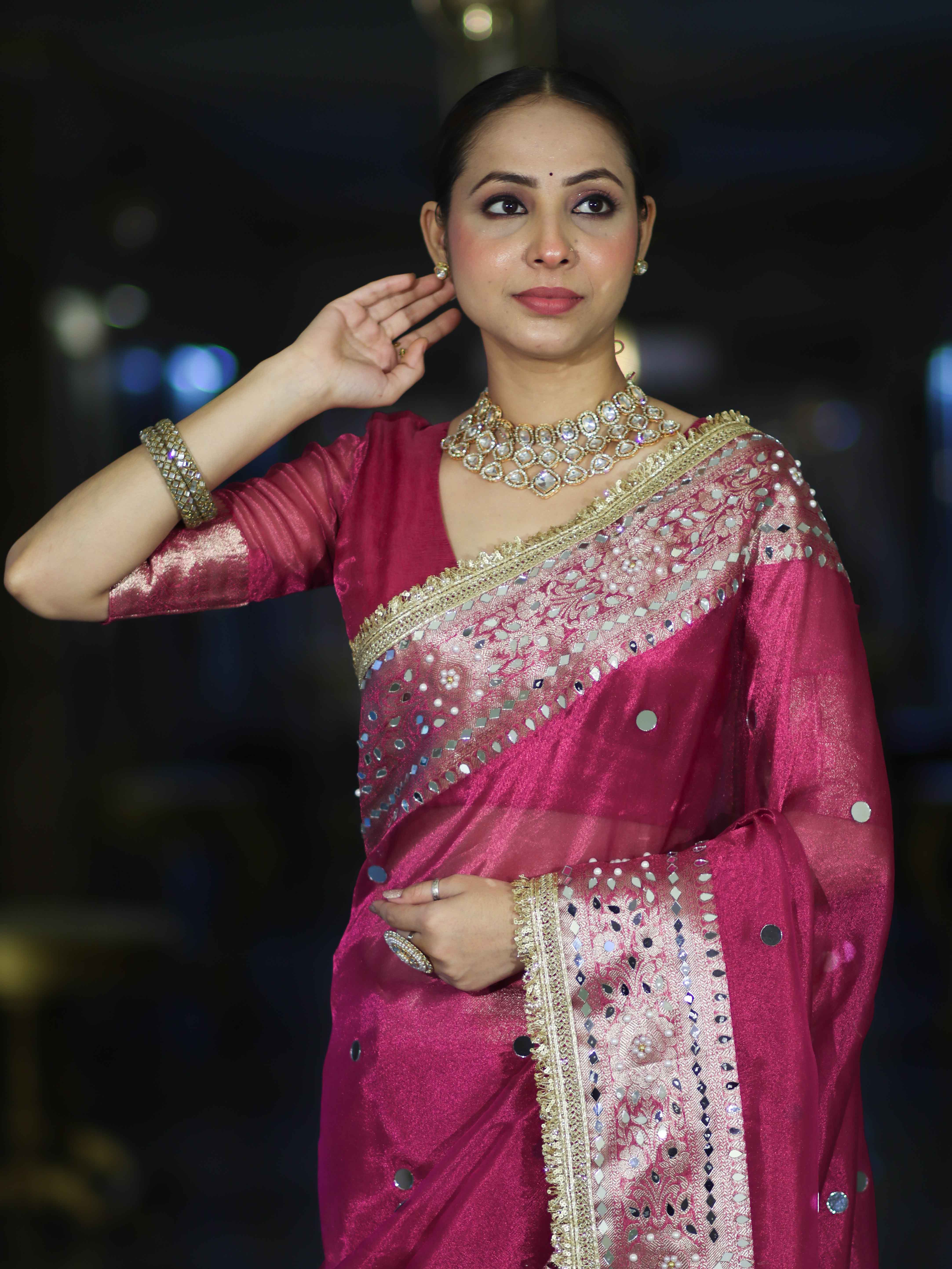 Banarasee Handloom Tissue Saree With Hand Embroidered Mirror Work & Zari Woven Pallu-Magenta