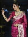 Banarasee Handloom Tissue Saree With Hand Embroidered Mirror Work & Zari Woven Pallu-Magenta