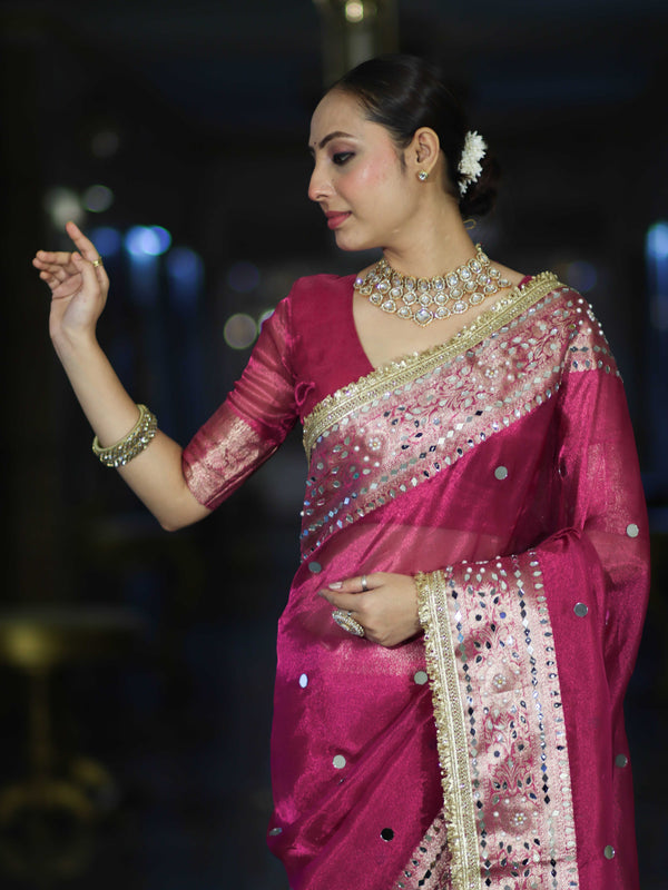 Banarasee Handloom Tissue Saree With Hand Embroidered Mirror Work & Zari Woven Pallu-Magenta