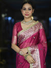 Banarasee Handloom Tissue Saree With Hand Embroidered Mirror Work & Zari Woven Pallu-Magenta