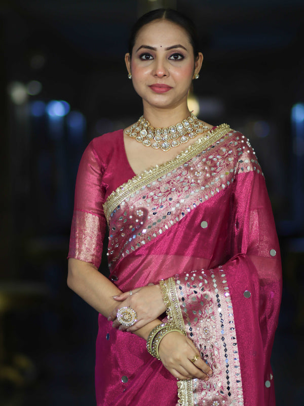 Banarasee Handloom Tissue Saree With Hand Embroidered Mirror Work & Zari Woven Pallu-Magenta