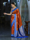 Banarasee Handloom Semi Silk Saree With Sona Rupa Zari Buti Design & Contrast Border-Rust & Blue
