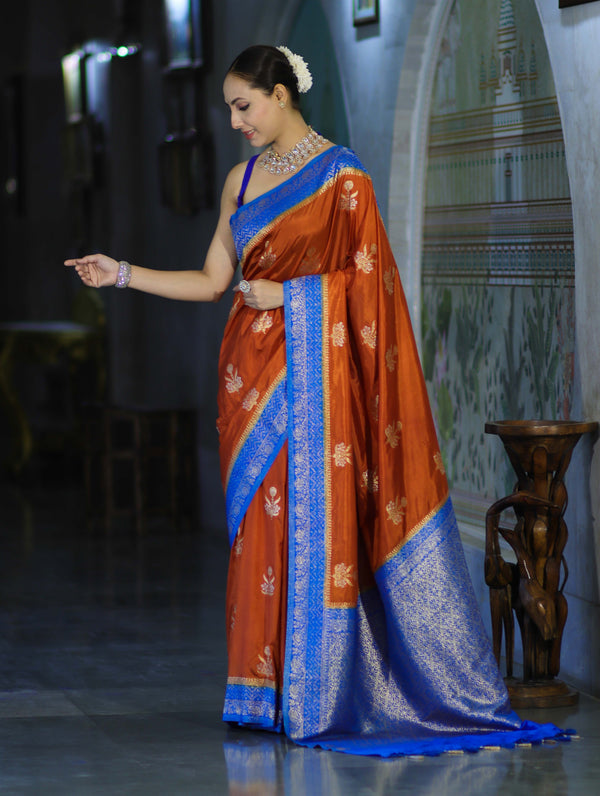 Banarasee Handloom Semi Silk Saree With Sona Rupa Zari Buti Design & Contrast Border-Rust & Blue