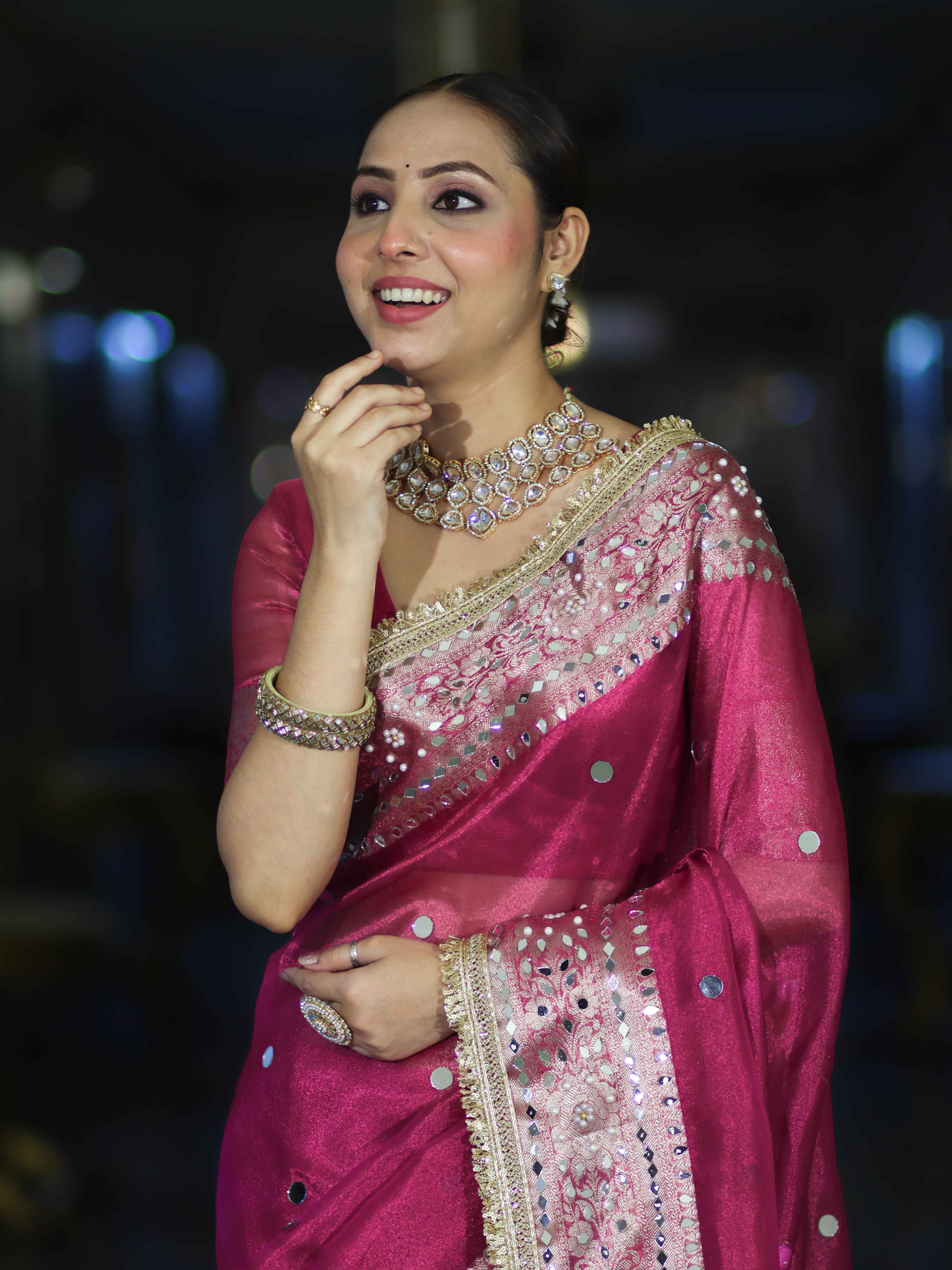 Banarasee Handloom Tissue Saree With Hand Embroidered Mirror Work & Zari Woven Pallu-Magenta