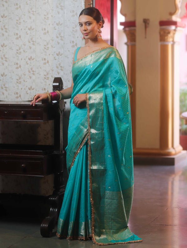 Banarasee Handwoven Semi Muga Zari Saree With Border & Lace-Teal Green