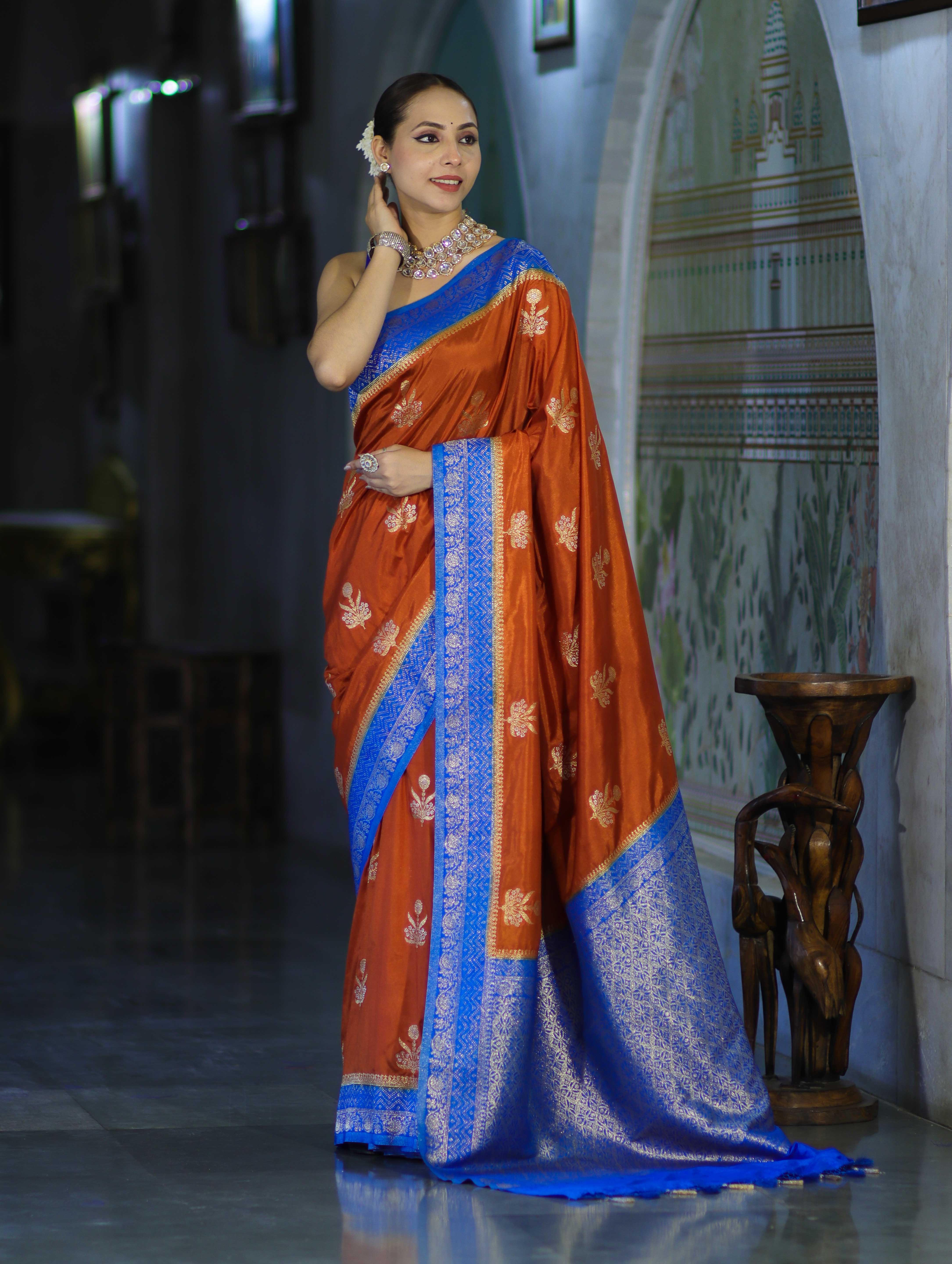 Banarasee Handloom Semi Silk Saree With Sona Rupa Zari Buti Design & Contrast Border-Rust & Blue