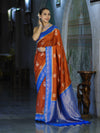 Banarasee Handloom Semi Silk Saree With Sona Rupa Zari Buti Design & Contrast Border-Rust & Blue