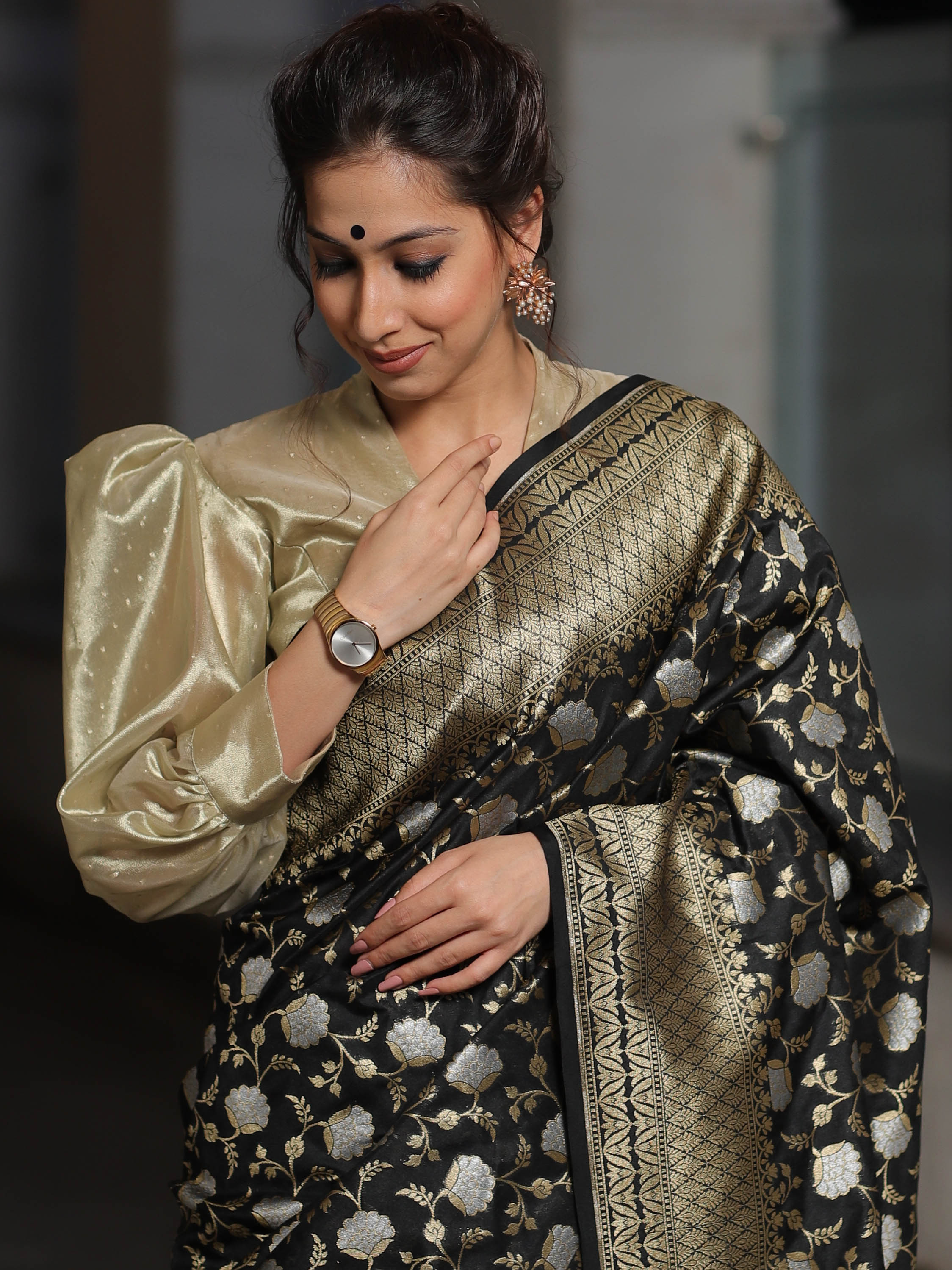 Banarasee Tissue Silk Fabric Blouse-Gold