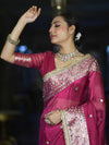 Banarasee Handloom Tissue Saree With Hand Embroidered Mirror Work & Zari Woven Pallu-Magenta