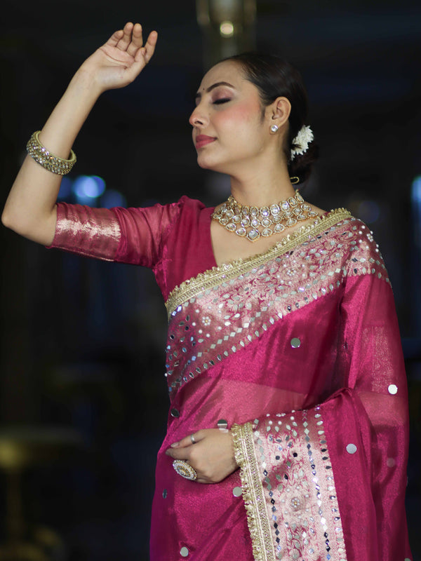Banarasee Handloom Tissue Saree With Hand Embroidered Mirror Work & Zari Woven Pallu-Magenta