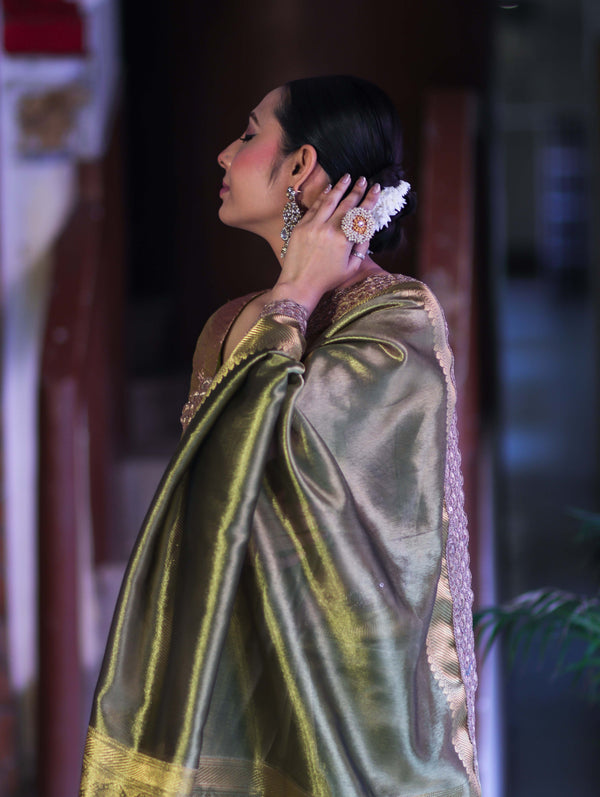 Banarasee Handloom Plain Tissue Saree With Zari Border & Lace-Olive Green