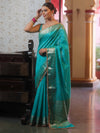Banarasee Handwoven Semi Muga Zari Saree With Border & Lace-Teal Green