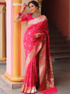 Banarasee Handwoven Semi-Katan Zari & Resham Weaving Floral Border Saree-Fuchsia Pink