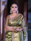Banarasee Handloom Plain Tissue Saree With Zari Border & Lace-Olive Green