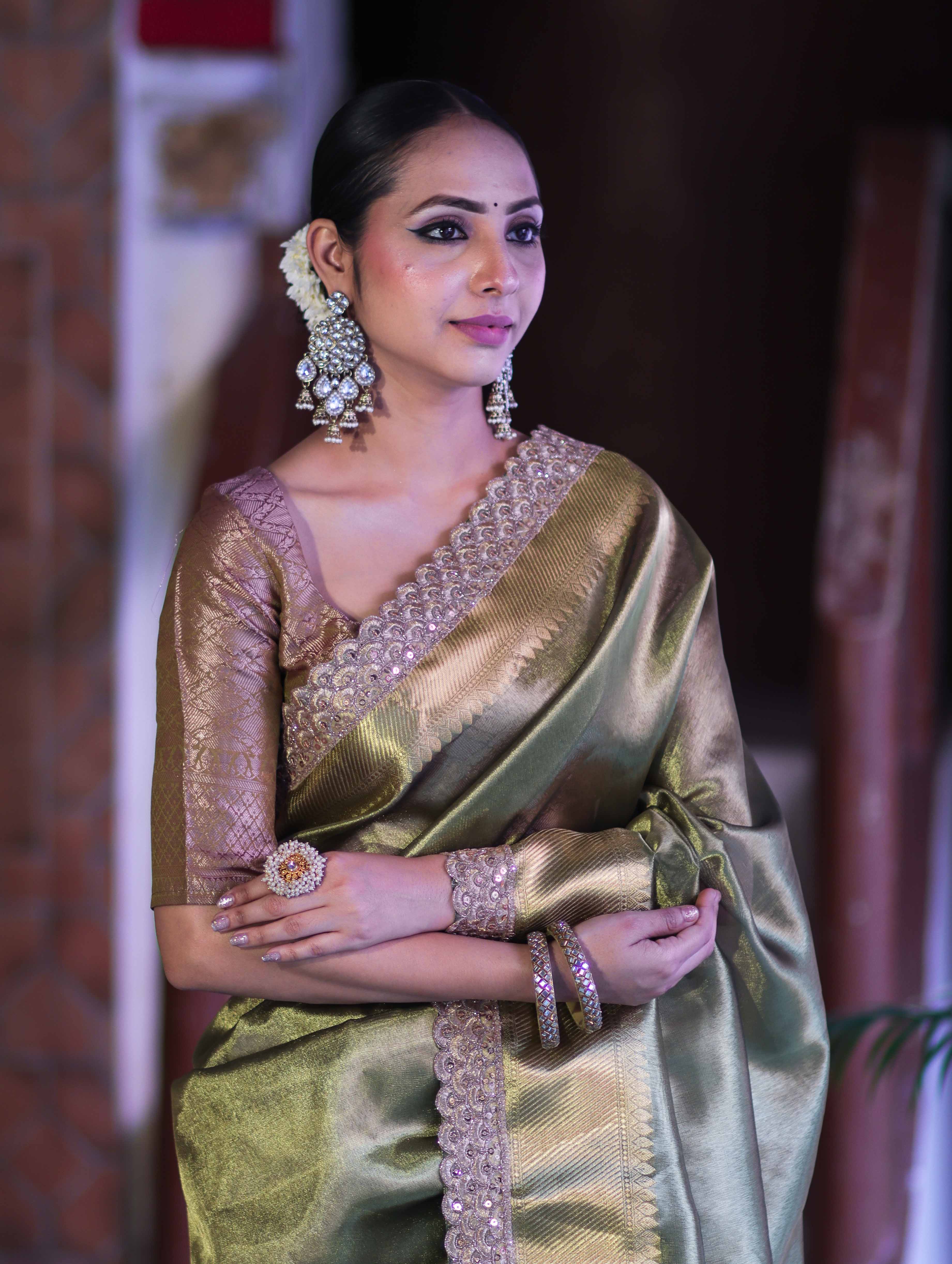 Banarasee Handloom Plain Tissue Saree With Zari Border & Lace-Olive Green
