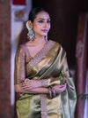 Banarasee Handloom Plain Tissue Saree With Zari Border & Lace-Olive Green