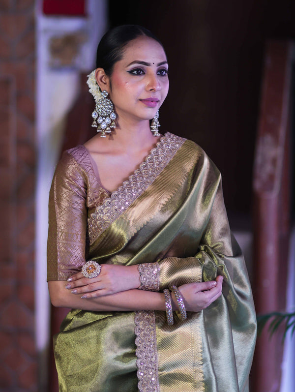 Banarasee Handloom Plain Tissue Saree With Zari Border & Lace-Olive Green