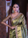 Banarasee Handloom Plain Tissue Saree With Zari Border & Lace-Olive Green