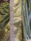 Banarasee Handloom Plain Tissue Saree With Zari Border & Lace-Olive Green