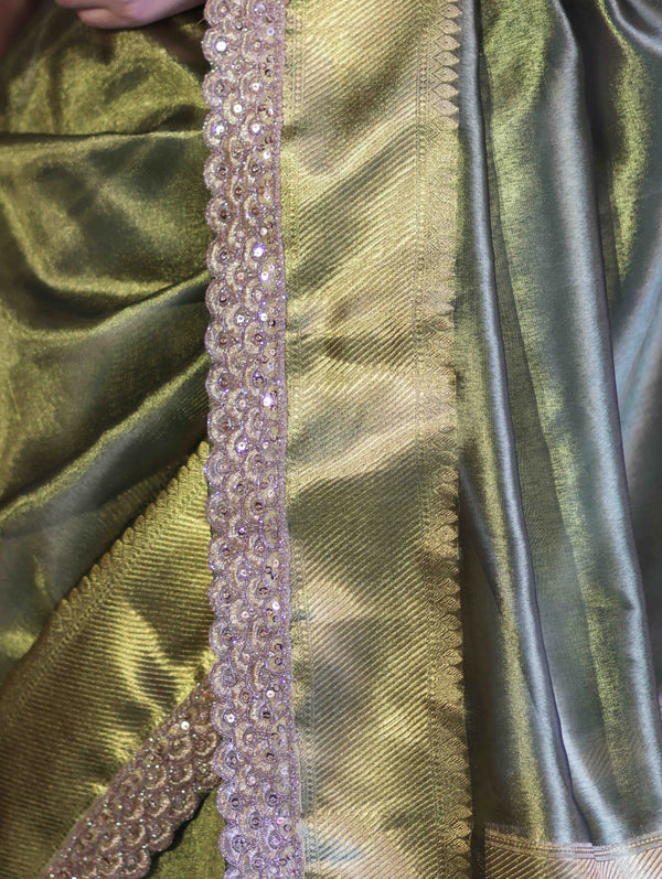 Banarasee Handloom Plain Tissue Saree With Zari Border & Lace-Olive Green