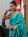 Banarasee Handwoven Semi Muga Zari Saree With Border & Lace-Teal Green