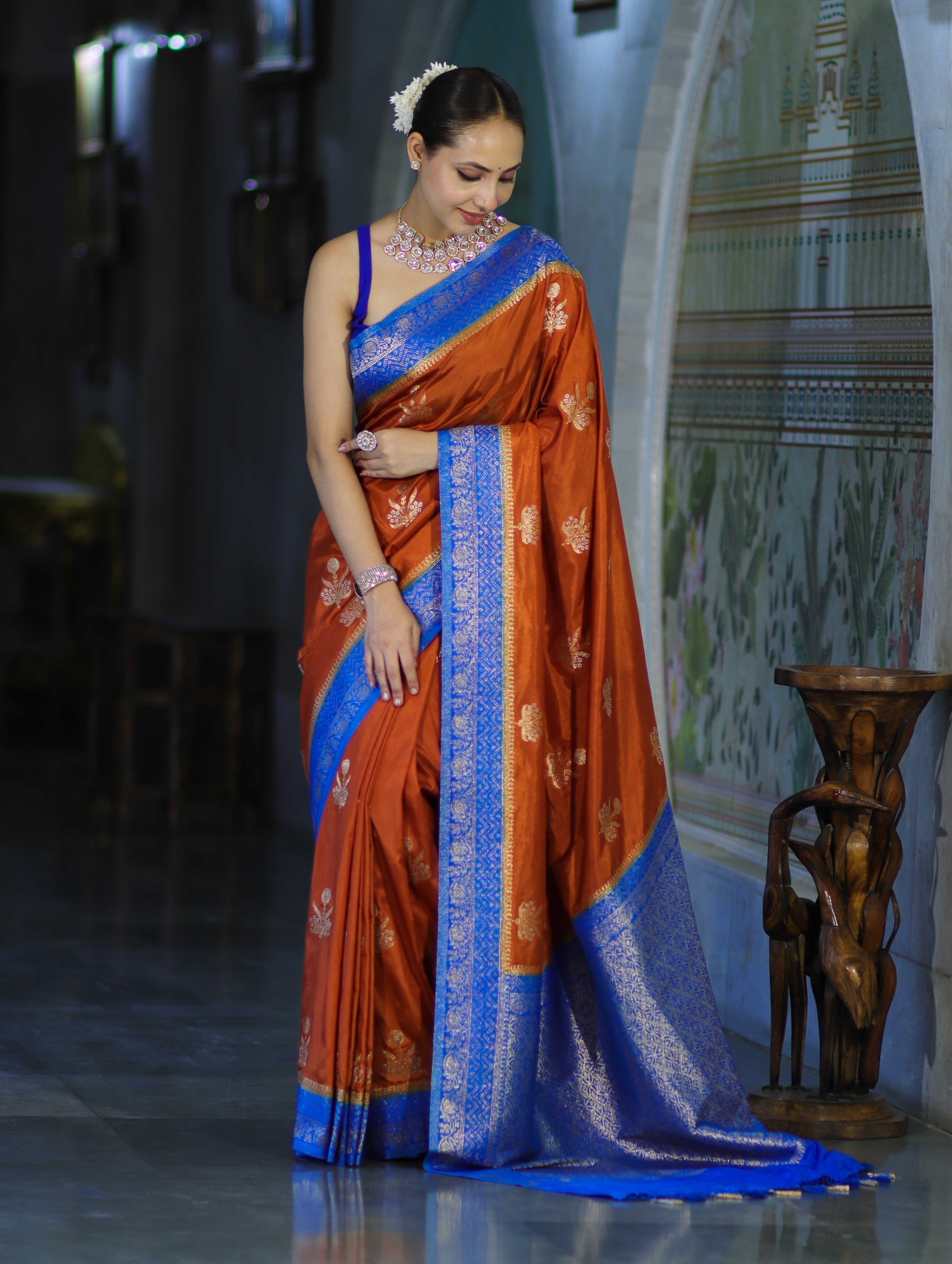 Banarasee Handloom Semi Silk Saree With Sona Rupa Zari Buti Design & Contrast Border-Rust & Blue