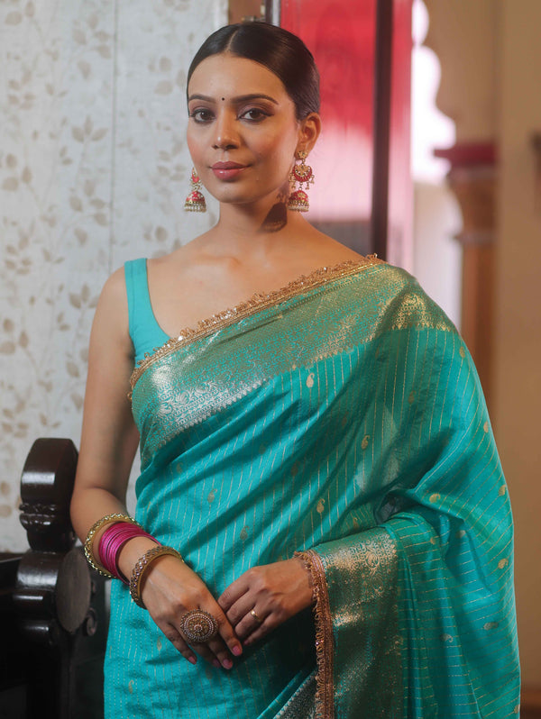 Banarasee Handwoven Semi Muga Zari Saree With Border & Lace-Teal Green