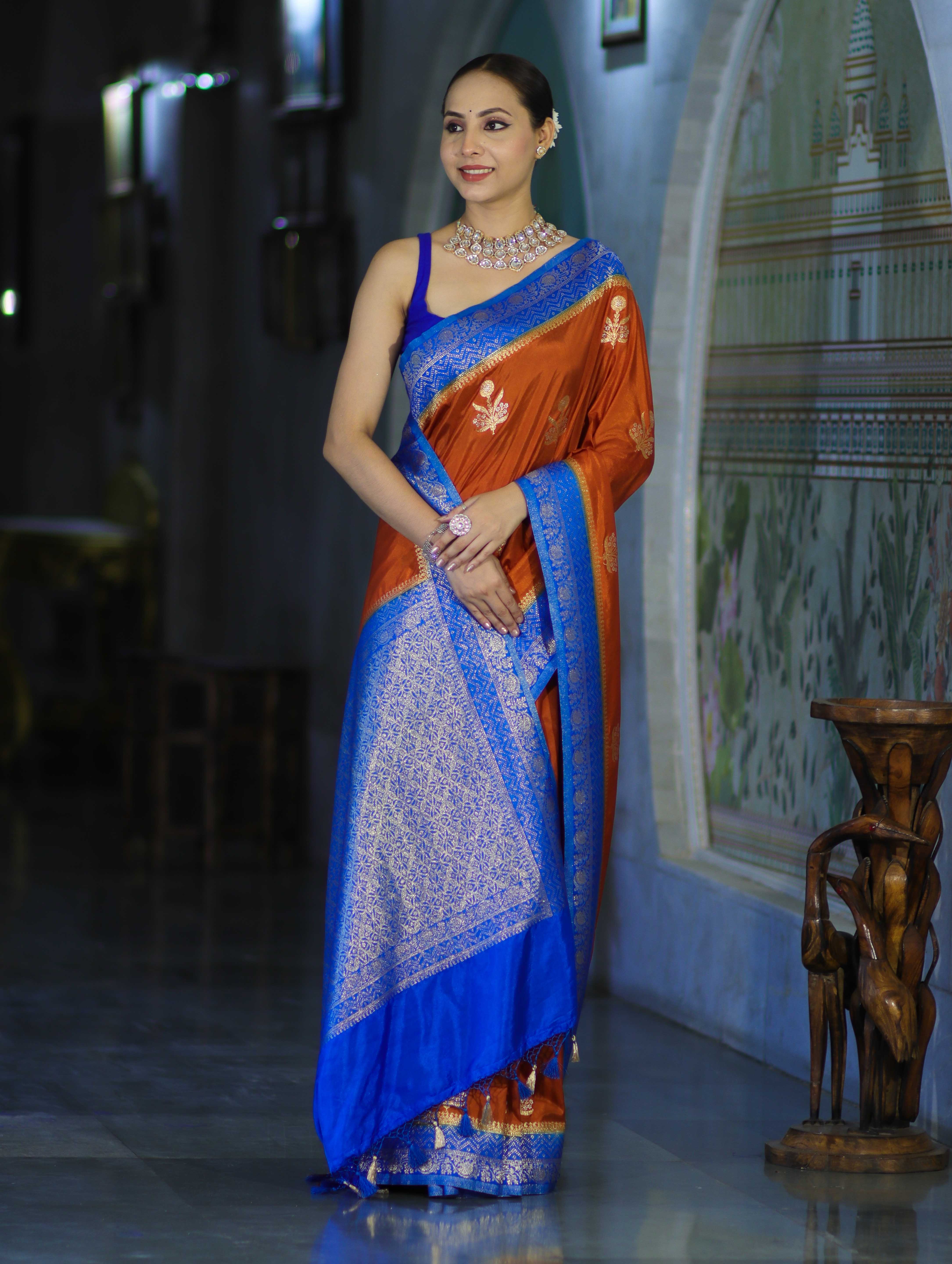 Banarasee Handloom Semi Silk Saree With Sona Rupa Zari Buti Design & Contrast Border-Rust & Blue