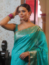 Banarasee Handwoven Semi Muga Zari Saree With Border & Lace-Teal Green