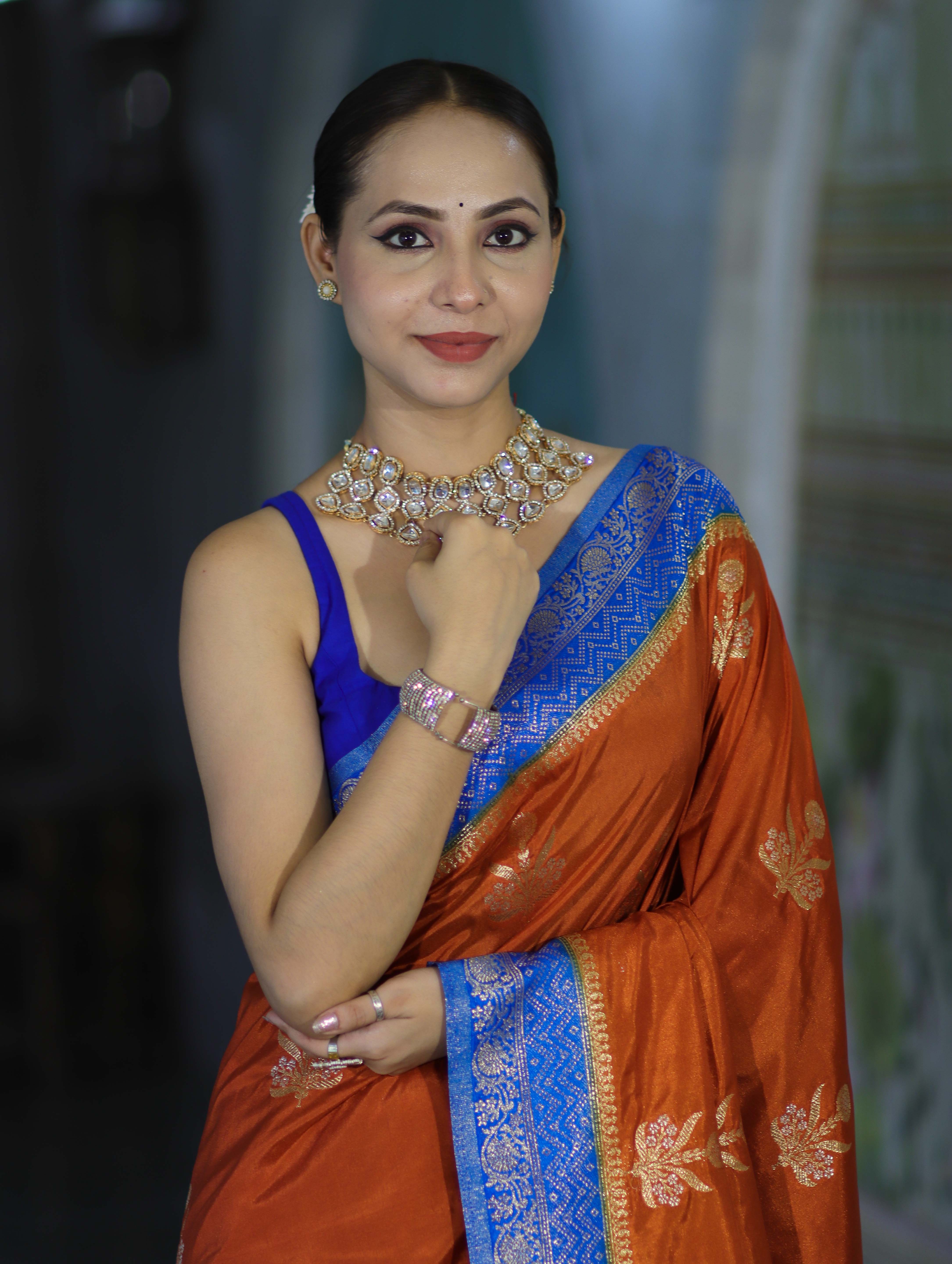 Banarasee Handloom Semi Silk Saree With Sona Rupa Zari Buti Design & Contrast Border-Rust & Blue