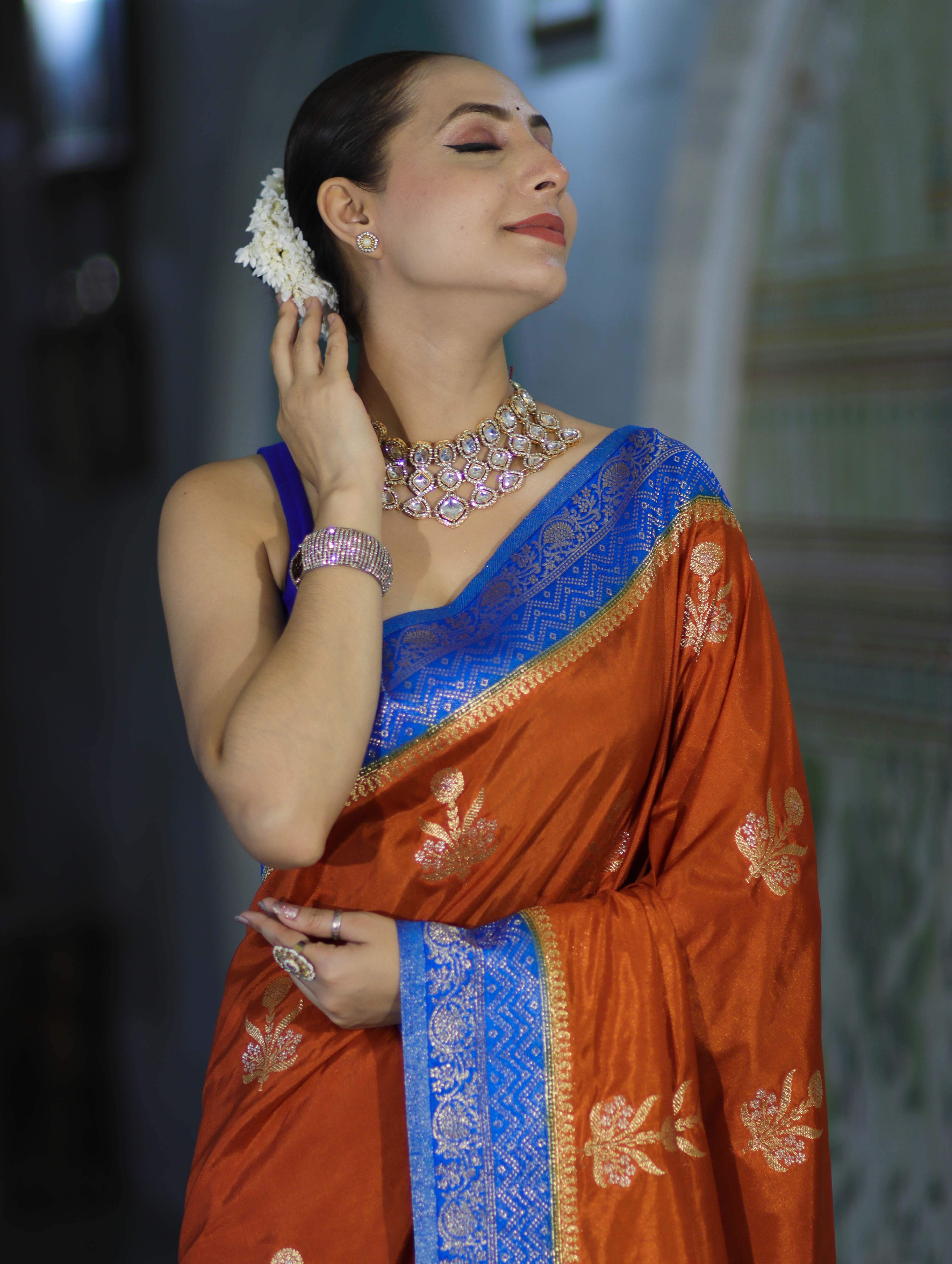 Banarasee Handloom Semi Silk Saree With Sona Rupa Zari Buti Design & Contrast Border-Rust & Blue